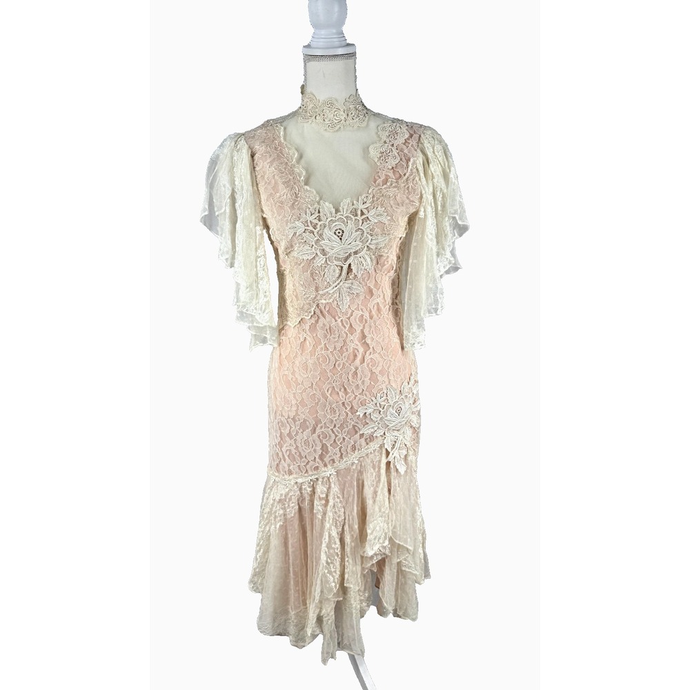 VTG 1980s Michael Marcella Drop Waist Dress Sz 6 Lace Feminine Romantic Coquette